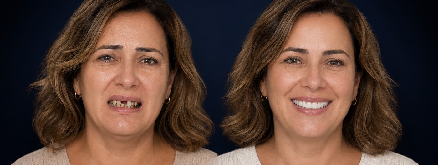 Fixed teeth on 6 implants — before and after